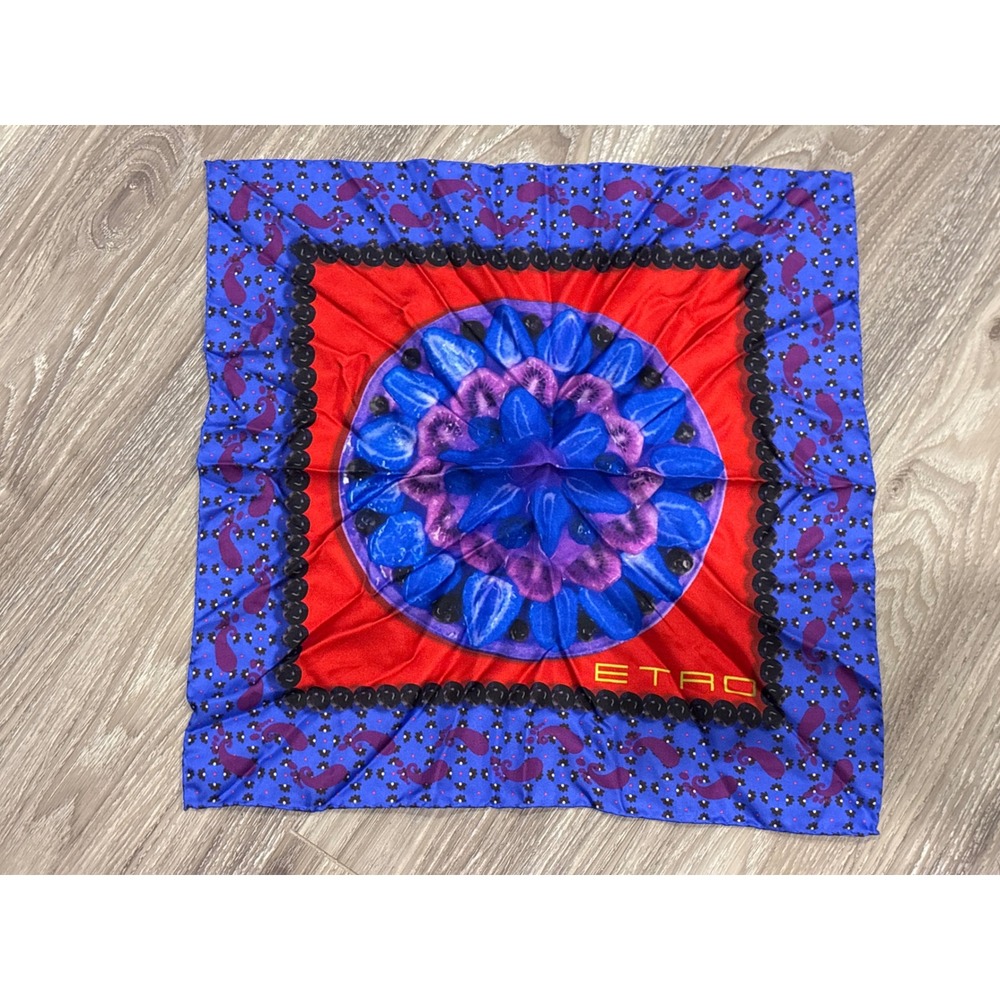 Etro Milano Silk Pocket Square Fruit Paisley Blue Red Purple Made in Italy